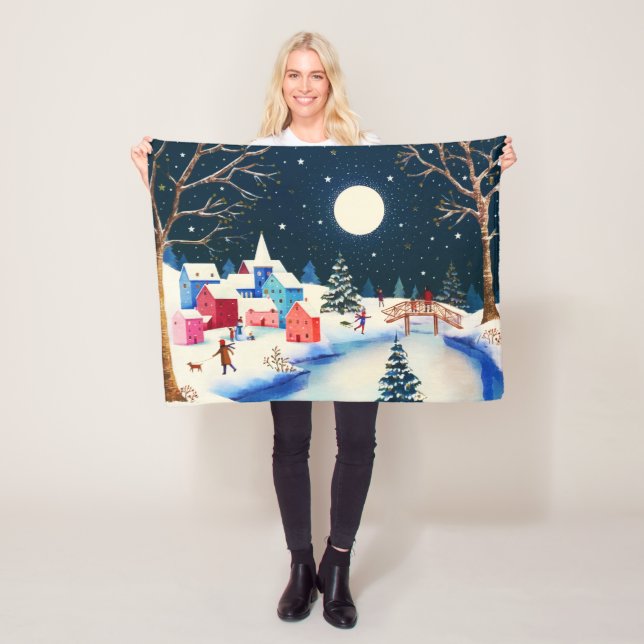 Festive Blue Winter Snow Village  Fleece Blanket (In Situ)