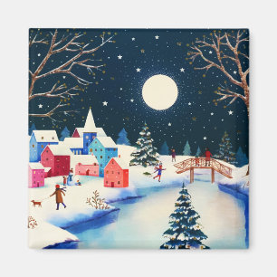 Festive Blue Winter Snow Village  Magnet