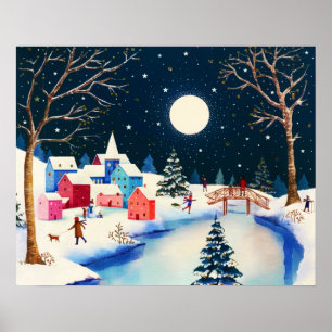 Festive Blue Winter Snow Village Poster