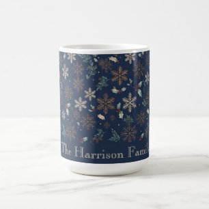 Festive Blue Winter Snowflake and Holly Christmas Coffee Mug