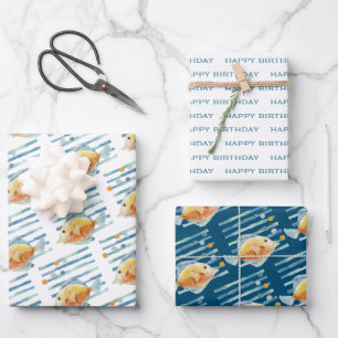 Festive Blue & Yellow Tropical Fish Coordindated Wrapping Paper Sheet