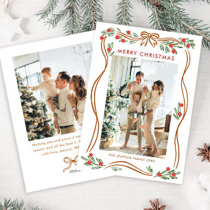 Festive Boho Beige Christmas Bow Ribbon 2 Photo Holiday Card