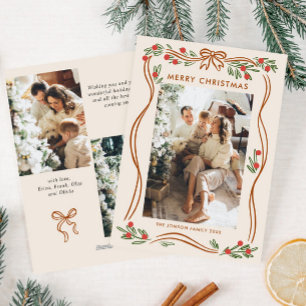 Festive Boho Beige Christmas Bow Ribbon 3 Photo Holiday Card