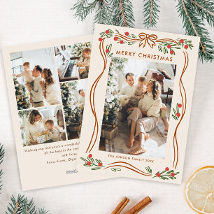 Festive Boho Beige Christmas Bow Ribbon 5 Photo Holiday Card