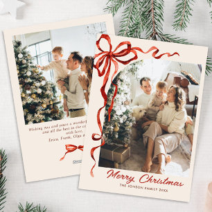 Festive Boho Christmas Red Bow Ribbon 2 Photo Holiday Card