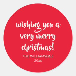Festive Bold Merry Christmas Red Brush Script Name Classic Round Sticker