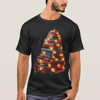 Festive Book Christmas Tree with String Lights T-Shirt