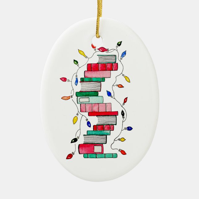 Festive Book Stack Ceramic Tree Decoration (Front)