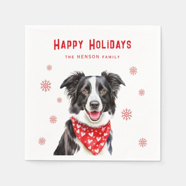 Festive Border Collie Red Heart Bandana Christmas Napkin (Front)