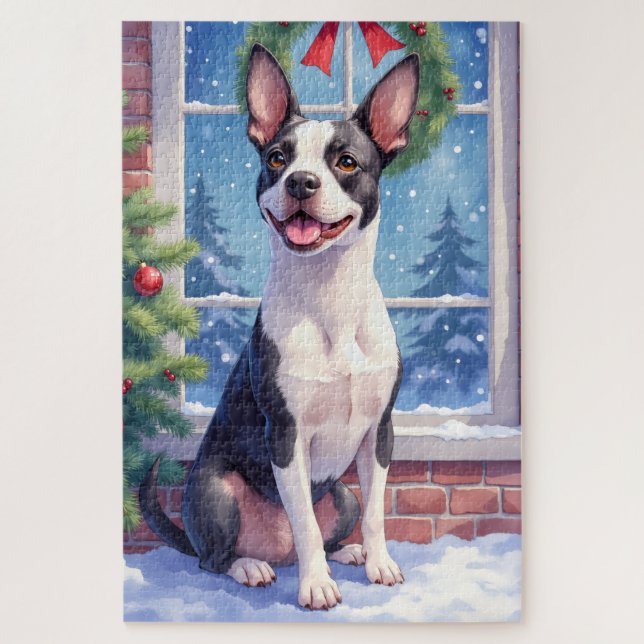 Festive Boston Terrier Christmas Art Jigsaw Puzzle (Vertical)