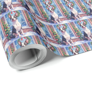 Festive Boston Terrier Christmas Art Wrapping Paper