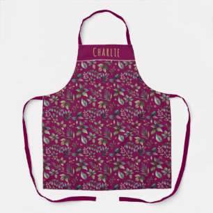 Festive Botanical Dark Red Personalised Christmas Apron