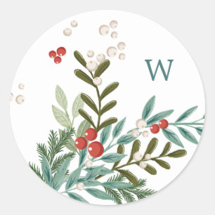 Festive Botanical Floral Christmas Classic White Round Sticker
