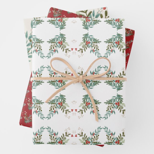 Festive Botanical Floral Christmas Traditional Red Wrapping Paper Sheet (In situ)
