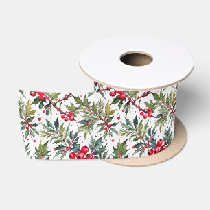 Festive Boughs of Holly Botanical Satin Ribbon