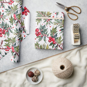 Festive Boughs of Holly Botanical Wrapping Paper