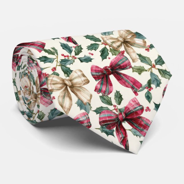 Festive Bow and Holly Christmas Pattern  Tie (Rolled)