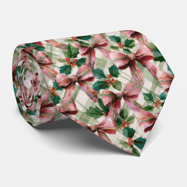 Festive Bow and Holly Christmas Pattern  Tie (Rolled)
