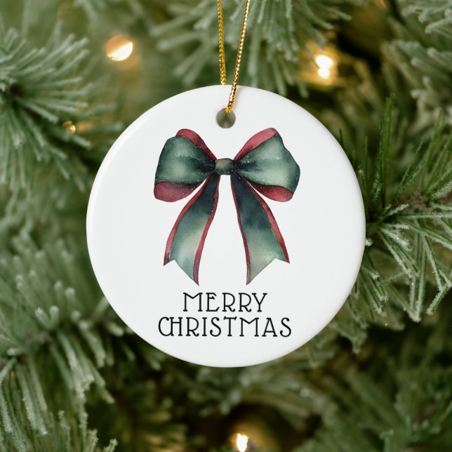 Festive Bow Modern Custom Photo Merry Christmas Ceramic Ornament (Tree)
