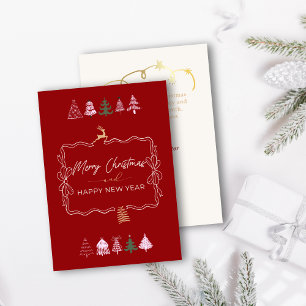 Festive Bow & Tree Doodle Classic Red Holiday Card