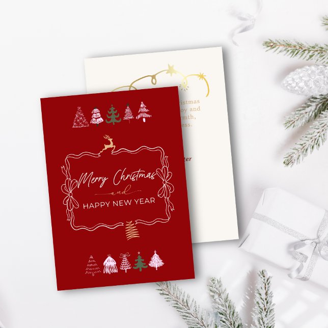 Festive Bow & Tree Doodle Classic Red Holiday Card (Festive Bow & Tree Doodle Classic Red Holiday Card)