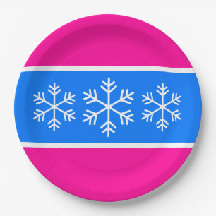 Festive Bright Alpine Blue Pink Stripes Snowflakes Paper Plate