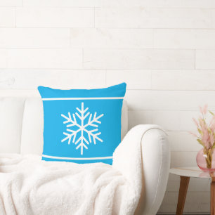 Festive Bright Azure Blue White Stripes Snowflakes Cushion