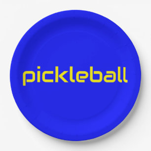 Festive Bright Blue Modern Yellow PICKLEBALL Text Paper Plate