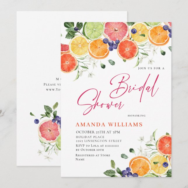 Festive Bright Floral Citrus Slice Bridal Shower Invitation (Front/Back)