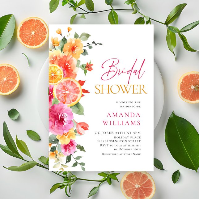 Festive Bright Flowers Floral Citrus Bridal Shower Invitation (Creator Uploaded)