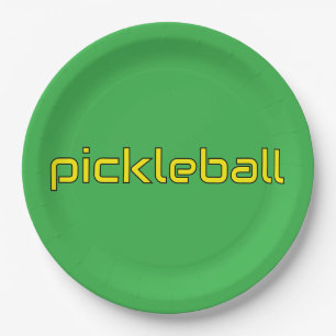 Festive Bright Green Yellow PICKLEBALL Text Paper Plate