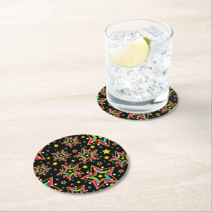 Festive Bright Merry Holiday Star Round Paper Coaster