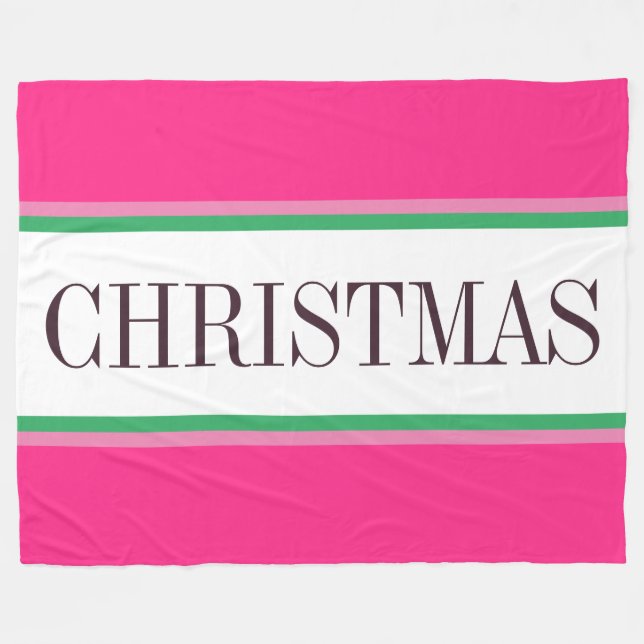 Festive Bright Pink Green White CHRISTMAS Stripes Fleece Blanket (Front (Horizontal))