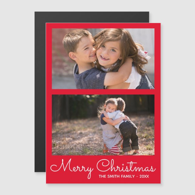 Festive Bright Red 2 Photo Holiday Collage Magnetic Invitation (Front/Back)