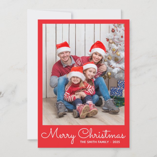 Festive Bright Red Photo Holiday Card (Front)