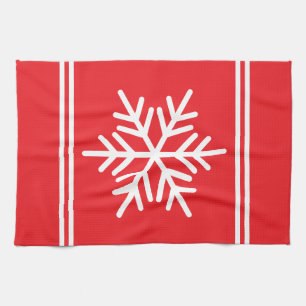 Festive Bright Red White Stripes Nordic Snowflake Tea Towel