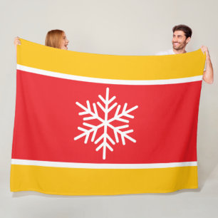 Festive Bright Red Yellow White Stripes Snowflake Fleece Blanket