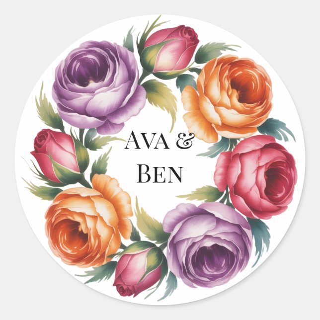 Festive Bright Vintage Rose Wedding Classic Round Sticker (Front)
