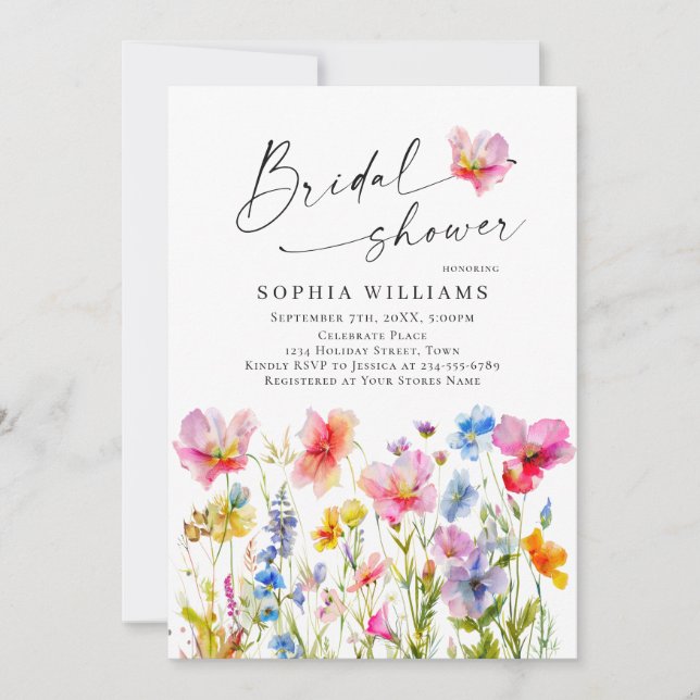Festive Bright Watercolor Flowers Bridal Shower Invitation (Front)