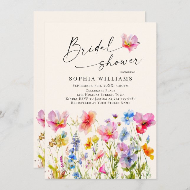 Festive Bright Watercolor Flowers Bridal Shower Invitation (Front/Back)