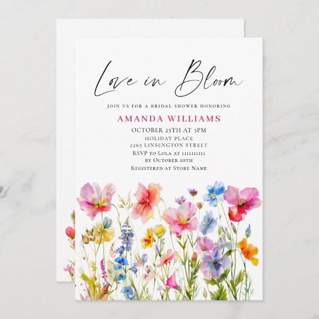 Festive Bright Watercolor Flowers Bridal Shower Invitation (Front/Back)