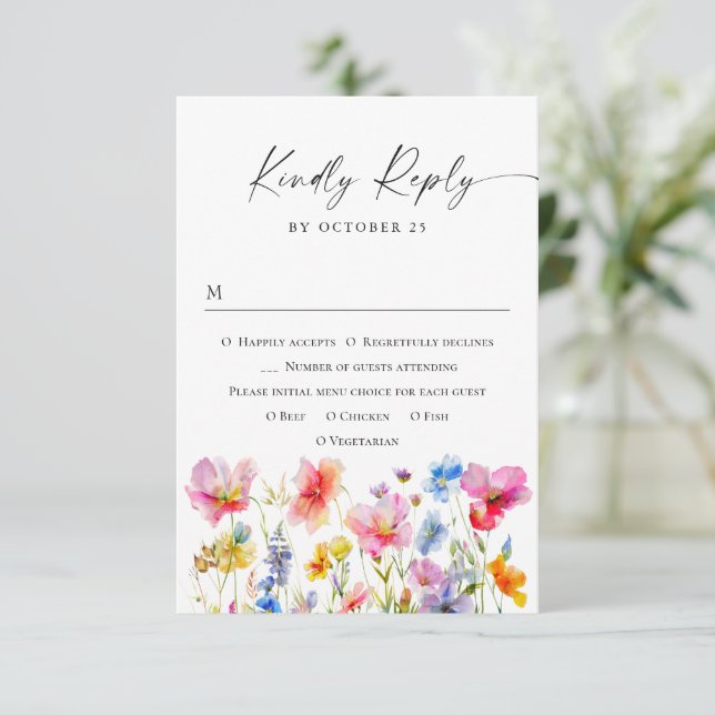 Festive Bright Watercolor Flowers Wedding RSVP Card (Standing Front)