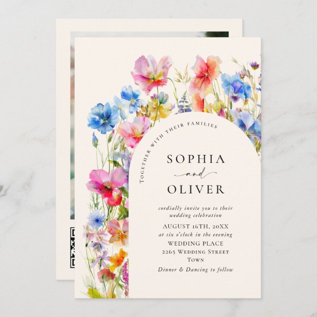 Festive Bright Watercolor Wild Flowers Wedding Invitation (Front/Back)
