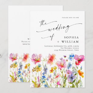 Festive Bright Watercolor Wild Flowers Wedding Invitation