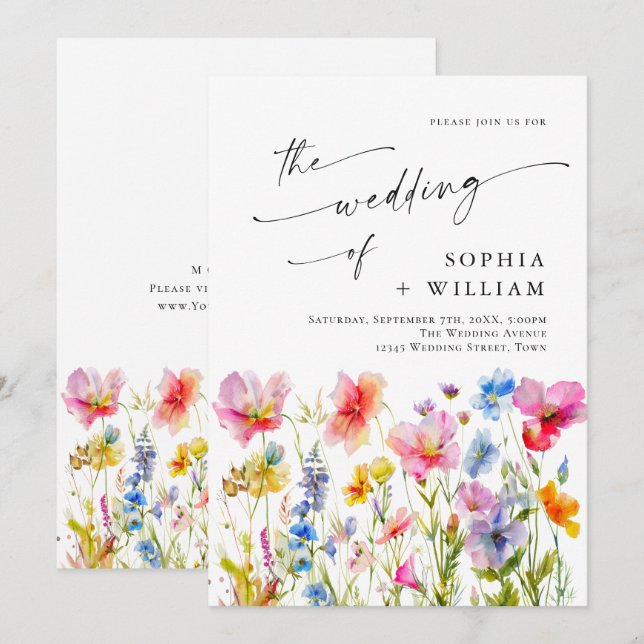 Festive Bright Watercolor Wild Flowers Wedding Invitation (Front/Back)
