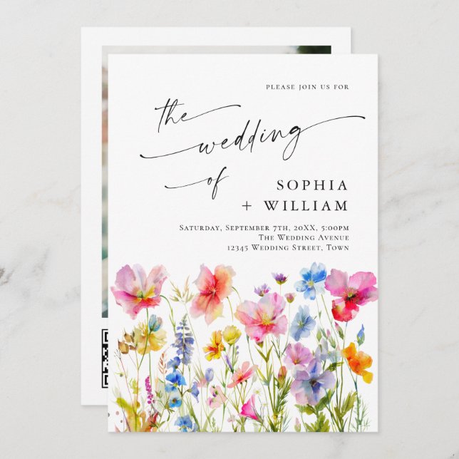 Festive Bright Watercolor Wild Flowers Wedding Invitation (Front/Back)