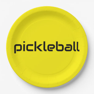 Festive Bright Yellow Modern Black PICKLEBALL Text Paper Plate