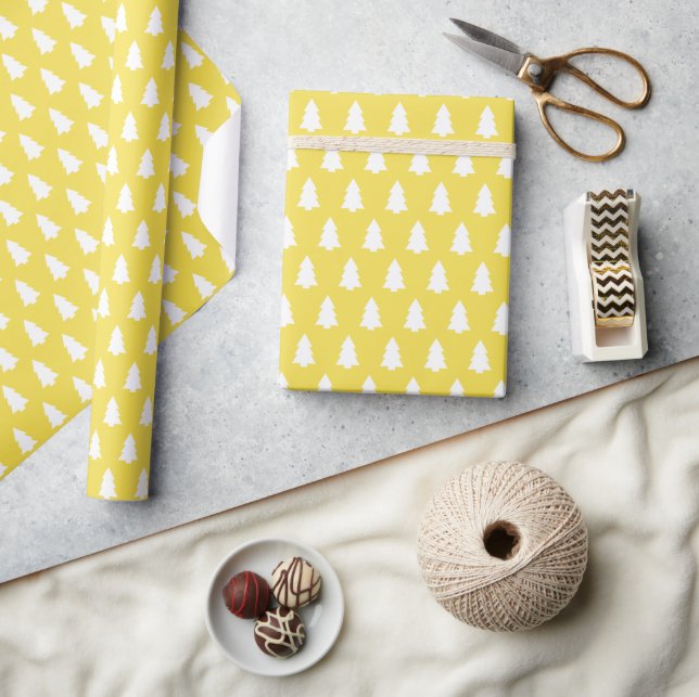 Festive Bright Yellow White Christmas Tree Pattern Wrapping Paper (Crafts)
