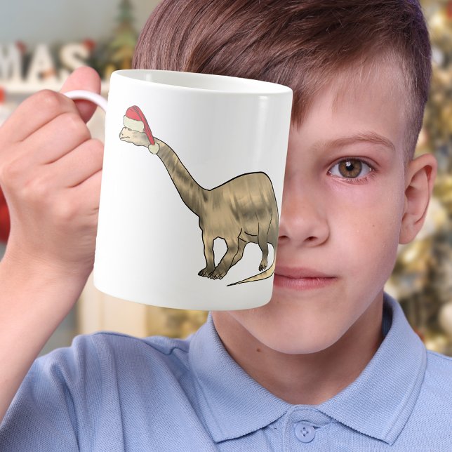 Festive Brontosaurus Cute Santa Elf Xmas Dinosaur Coffee Mug (Christmas dinosaur brontosaurus wearing a santa hat coffee mugs for kids and adults that love dinos)