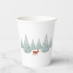 Festive Brown Deer under Snowy Spruce Trees Paper Cups
